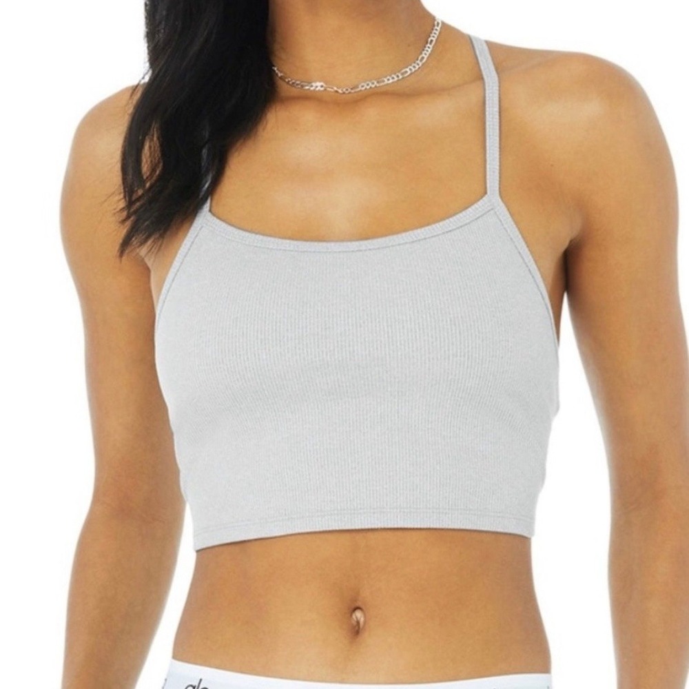 Alo Yoga Alosoft Ribbed Crop Calm Tank Sports Bra in Light Heather Gray Size S